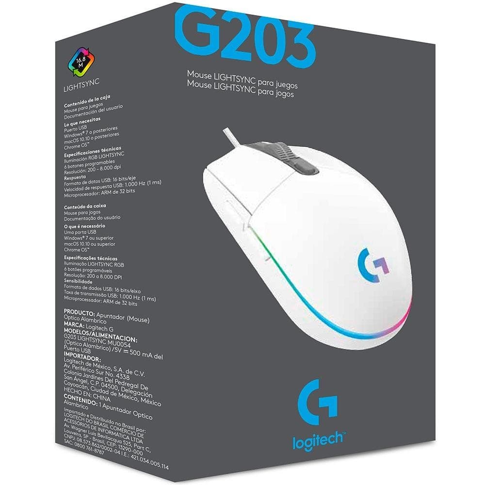 Mouse logitech g203 lightsync 910-005791 blanco