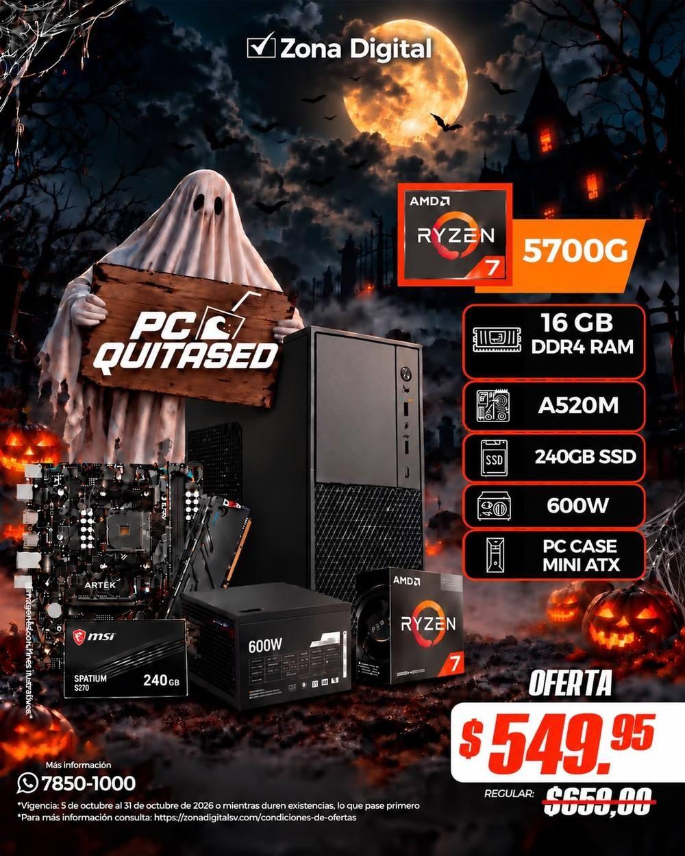 Pc ryzen 7
procesador ryzen 7 5700g
motherboard msi a520m 
memoria ram hiksemi16gb ddr4 3200mhz
unidad ssd msi 240gb
psu nova 600w 
gaming case nova cm09zmra