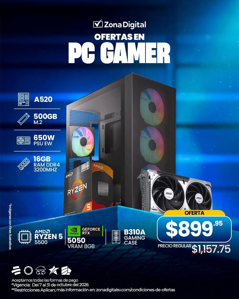 Pc ryzen 5
procesador ryzen 5 5600gt 
motherboard gigabyte b550
memoria ram hiksemi16gb ddr4 3200mhz
unidad m.2 500gb lexar
psu ew 650w 
gaming case aerocool designer v1 + tarjeta de video power color rx9060xt