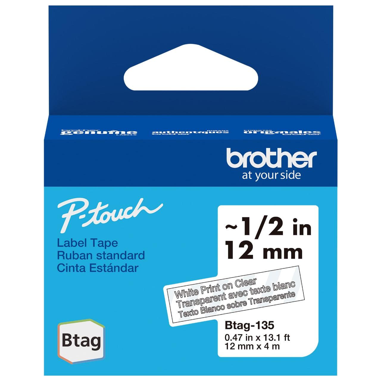 Cinta de etiquetas p-touch blanco sobre transparente Brother btag135