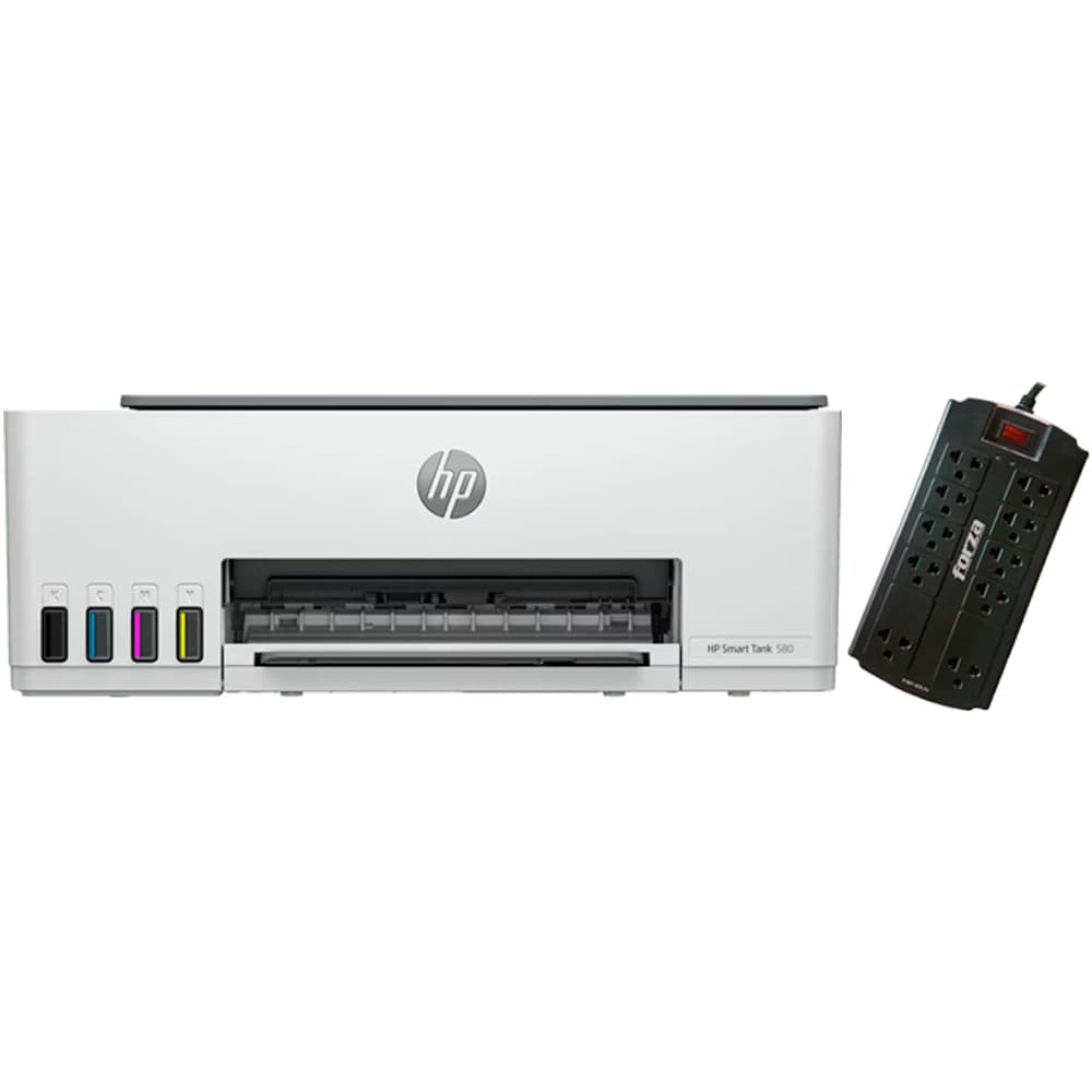 Combo impresora multifuncional HP 580 smart tank Wi-Fi + Protector tensión 1800W, 10 slds universales