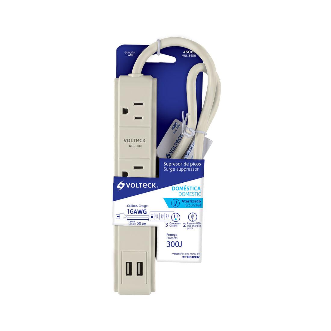 Regleta multicontacto de 3 entradas con 2 puertos USB y supresor de 300 joules