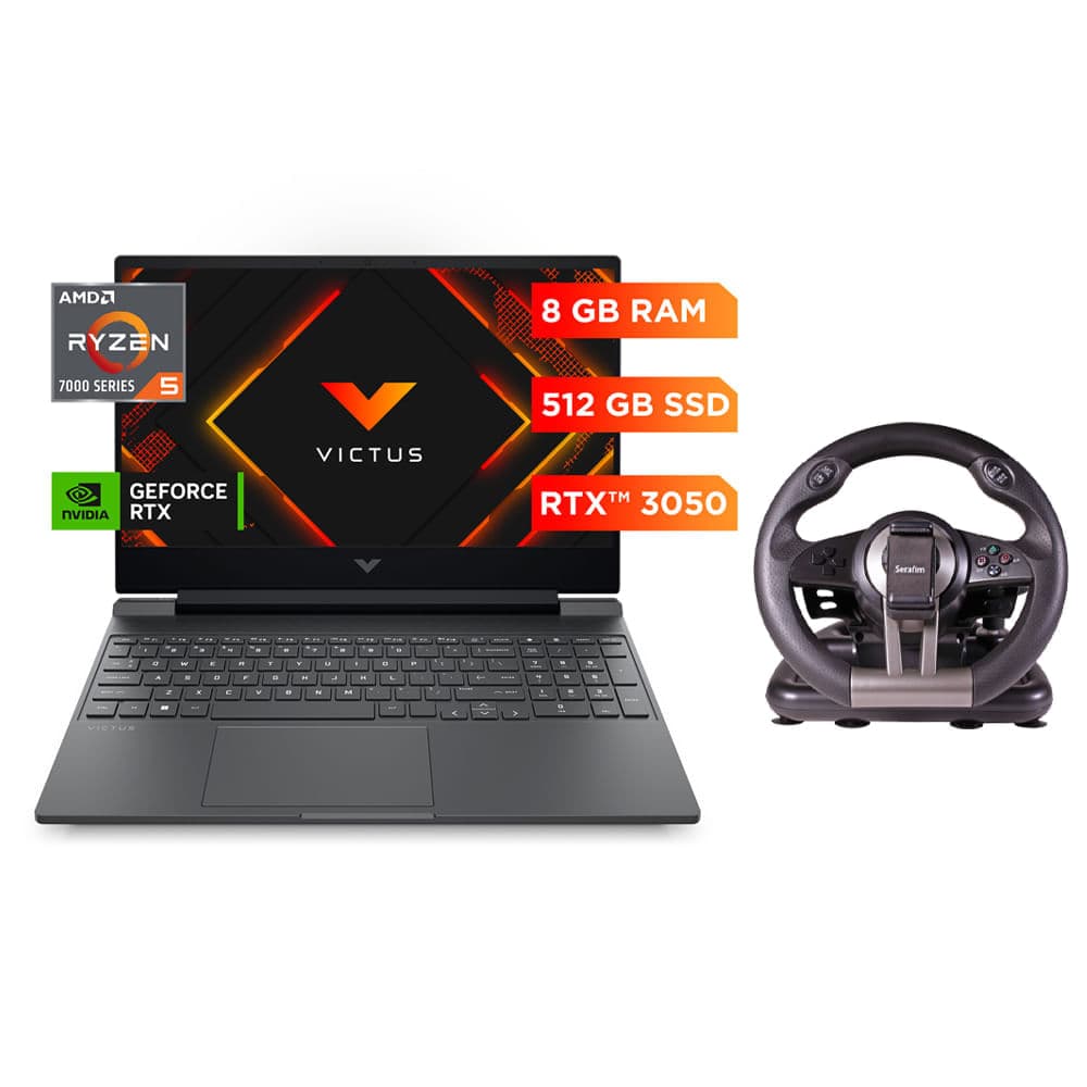 Combo gaming Laptop HP Victus 15 AMD Ryzen 5-7535HS 8GB RAM + 512GB ROM + Nvidia RTX 3050 + Timón Serafim R1+