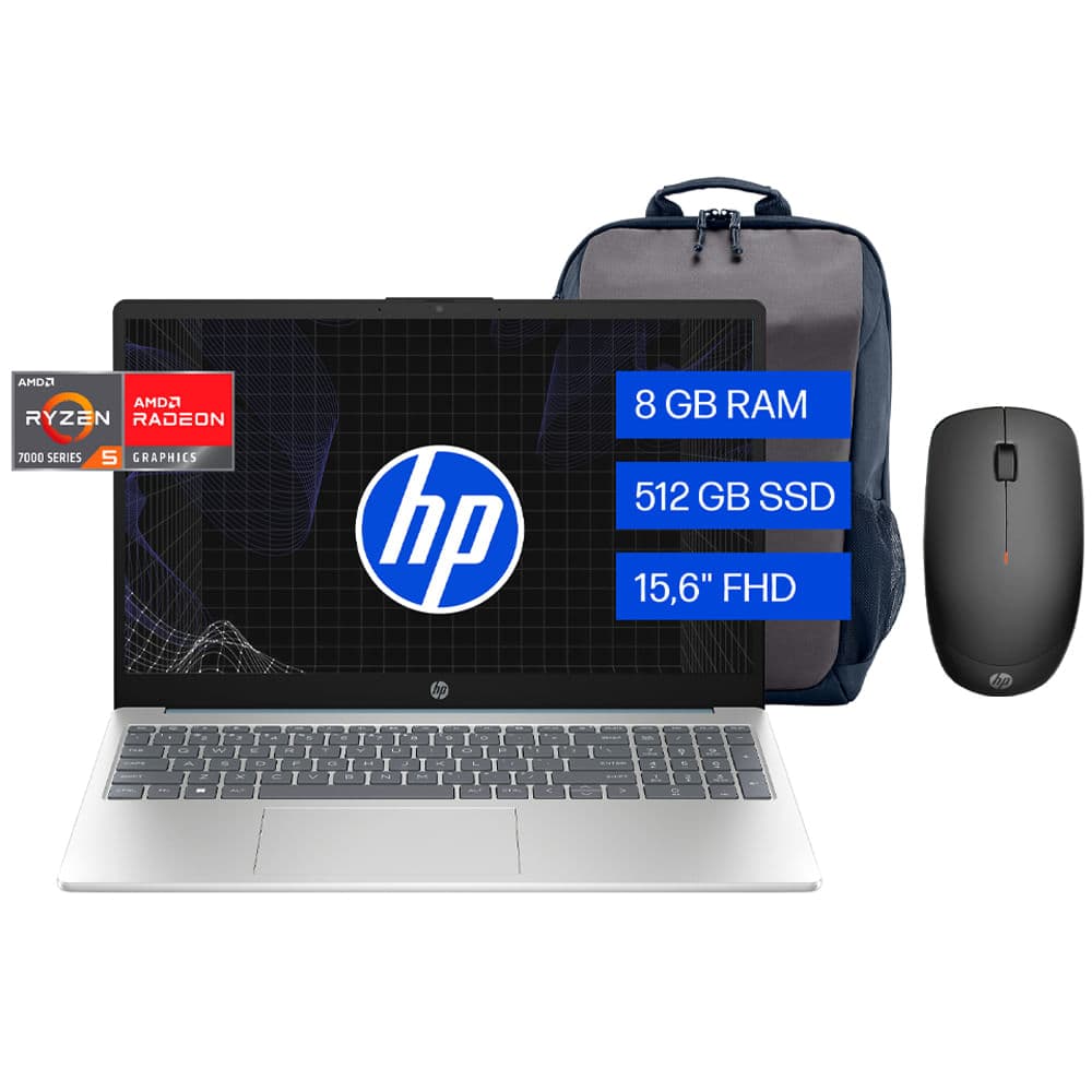 Bundle HP Laptop 15-fc0250la de 38.1cm (15") AMD R5-7520U 8GB + 512 SSD + mochila + mouse HP 235