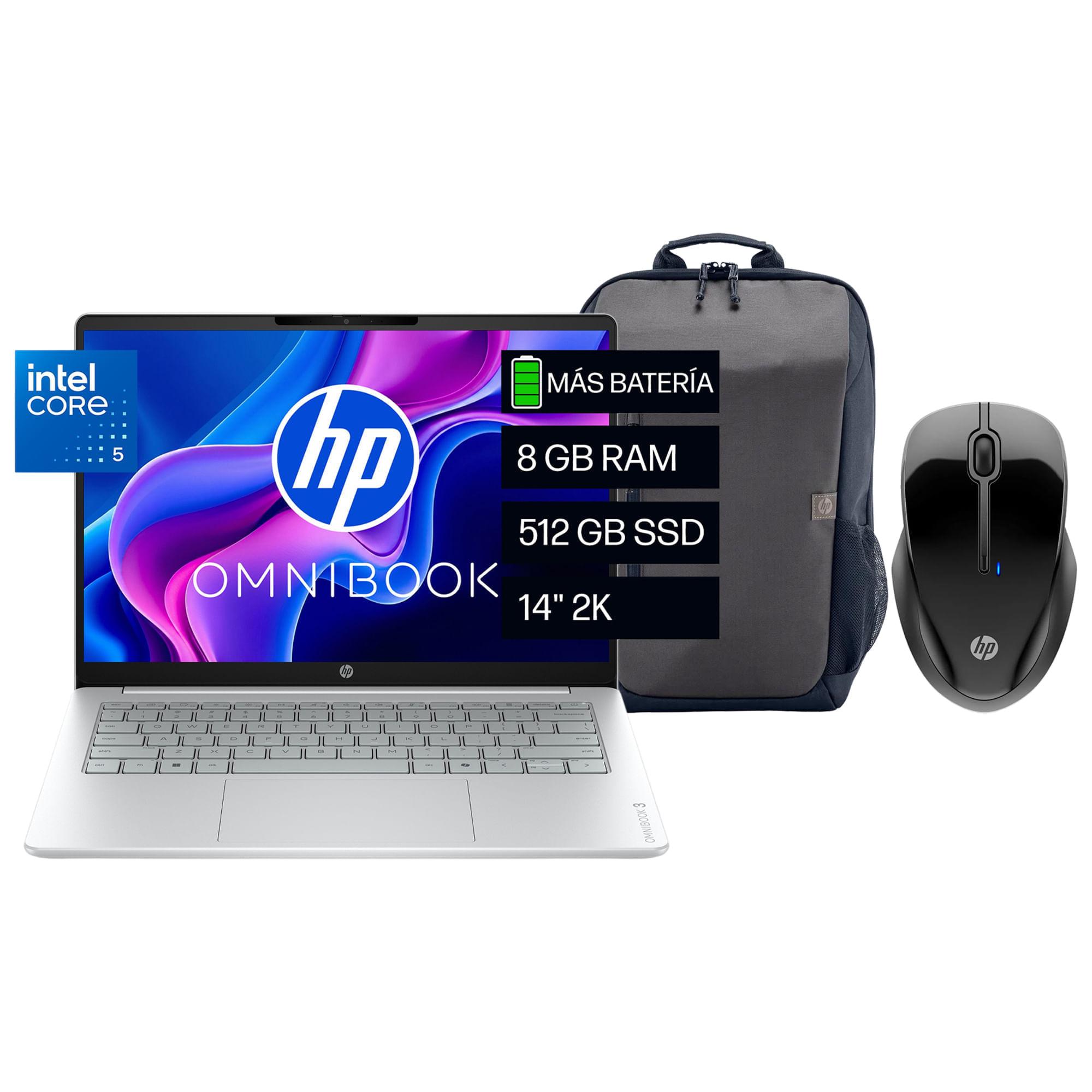 Bundle HP OmniBook 3 de 35.5 cm (14") 8GB + 512GB SSD con mochila HP Travel y mouse HP 250 Dual
